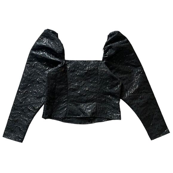 H&M Jacquard Weave Puff Sleeve Corset Top Metallic Black Medium - Picture 4 of 11